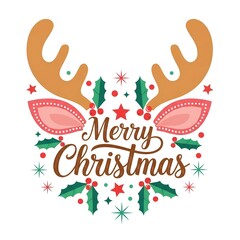 Merry christmas greeting card with reindeer antlers, holly leaves, and berries isolated on white background festive holiday season design for print and web