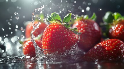 Fresh strawberries make a splash as they enter sparkling water, captured in stunning closeup photography that draws attention to their natural appeal, enticing colors, and texture for viewers to enjoy