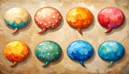 Eight watercolor speech bubbles on a textured parchment background, each a different color and style, expressing various moods