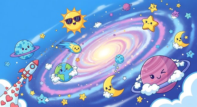 Cartoon galaxy with planets stars sun and rocket illustration on blue