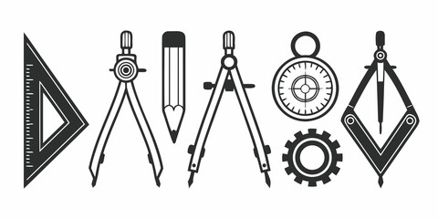 Illustration of drafting tools including a triangle compass pencil protractor gear and another compass tool on transparent background