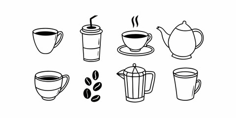 Illustration of various coffee and tea related items including cups, beans, and pots in black outline on transparent background