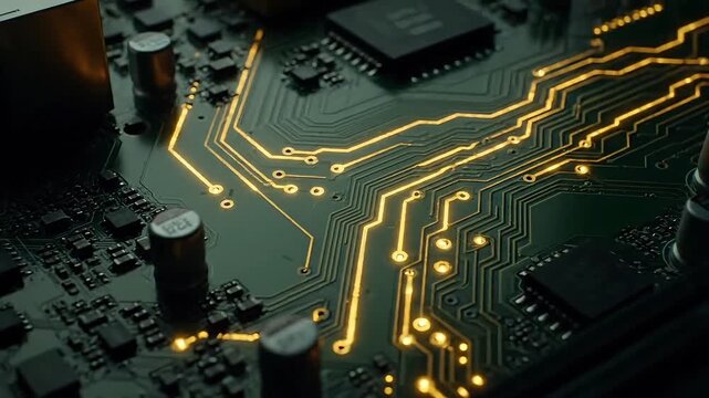 Intricate golden circuits glow on a dark electronic motherboard, symbolizing innovation and future technology.