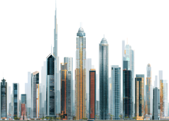 a modern city skyline with skyscrapers isolated on transparent background
