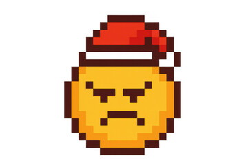 Angry pixel art emoji wearing a santa hat, expressing a grumpy holiday emotion, transparent background