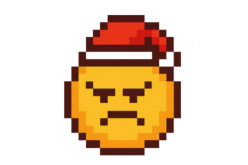 Angry pixel art emoji wearing a santa hat, expressing a grumpy holiday emotion, transparent background