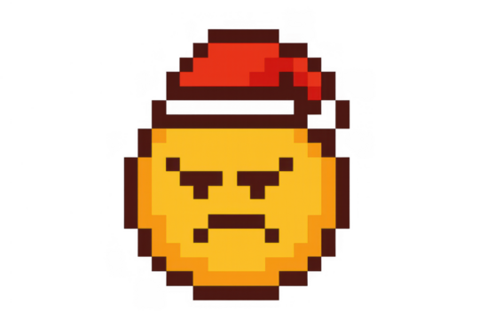 Angry pixel art emoji wearing a santa hat, expressing a grumpy holiday emotion, transparent background - Powered by Adobe