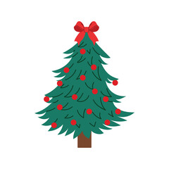 Christmas tree with red bow. Simple festive pine tree decorated with red ornaments and ribbon. Flat vector illustration isolated on white background.