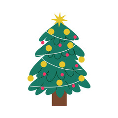 Christmas tree with yellow and pink ornaments. Festive decorated pine with garland and star on top. Flat vector illustration isolated on white background.