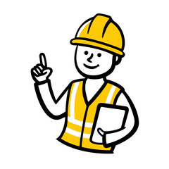 Cute Doodle Construction Worker Holding Clipboard and Pointing Vector Illustration