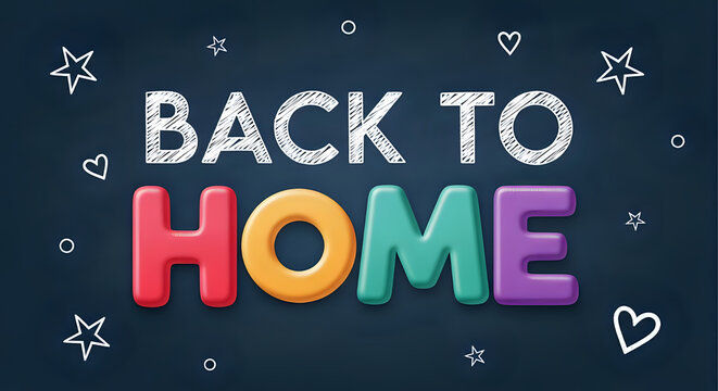 Colorful 3D 'Back to Home' text design with playful stars and hearts, ideal for welcome messages, family celebrations, and joyous occasions.