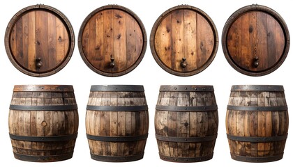 Eight wooden barrels arranged in two rows against a white background, showing both the tops and sides
