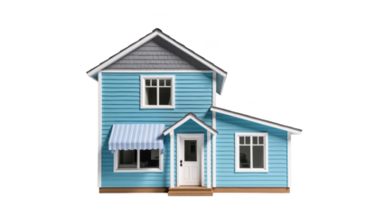 Charming blue house with sloped roof, featuring white windows and awning, exuding cozy and inviting atmosphere
