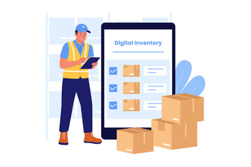 Illustration of Digital Inventory Management on Mobile App. Warehouse Worker Checking Real-Time Stock Level and Tracking Status via Smartphone Technology System