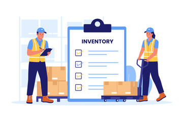 Illustration of Warehouse Inventory Management and Stock Control Checklist. Workers Performing Audit and Tracking Goods in Storage for Efficient Logistics Process