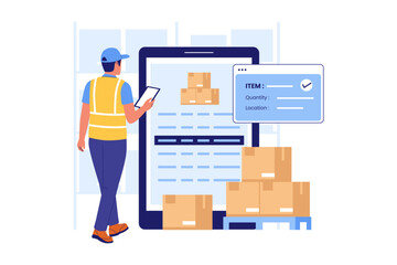 Illustration of Digital Inventory Tracking on Tablet. Warehouse Worker Checking Real-Time Stock Data and Shipments Status for Smart Logistics Management System