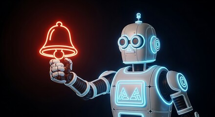 Futuristic robot rings glowing bell, signaling important notification or alert for technology concepts