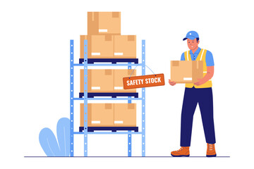 Illustration of Safety Stock Level Maintenance Concept. Warehouse Worker Ensuring Reserve Inventory and Replenishment to Prevent Stockouts in the Storage Racking