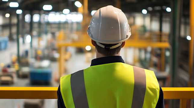 A worker in a hard hat and safety vest surveys a busy factory floor from an elevated platform, showcasing the scale and activity of industrial production with bright lighting and equipment.