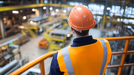 Safety inspector observes manufacturing floor wearing safety gear. The view from behind shows worker with hard hat and vest, monitoring the busy machinery.
