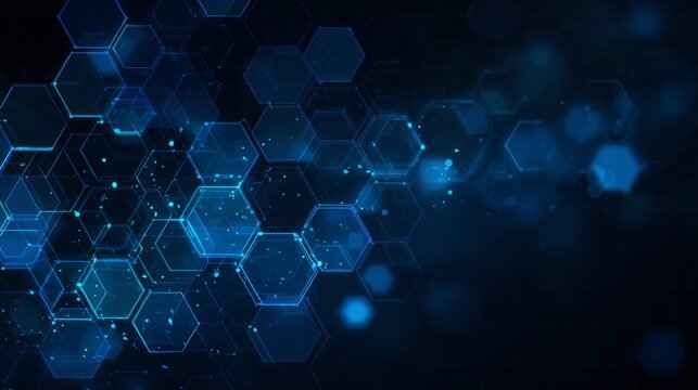 Glowing blue hexagonal grid structure fades into dark background with sparkling digital particles