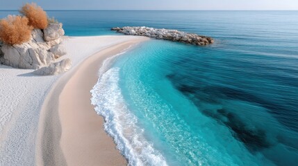 Panoramic Drone Shot Captures A Curved White Pebble Beach Meeting The Vibrant Turquoise Ocean Under A Clear Blue Sky With Rocky Outcroppings And Dry Shrubbery