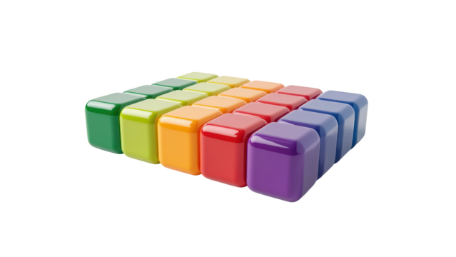 Colorful blocks arranged in grid pattern, showcasing vibrant hues of green, yellow, orange, red, and purple. glossy finish adds playful touch