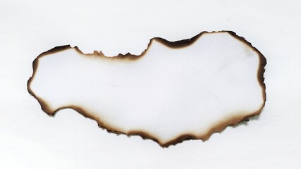 White paper with burnt edges isolated on white background. Torn paper piece with scorched and burned edge texture. Burnt paper isolated on white background with clipping path.