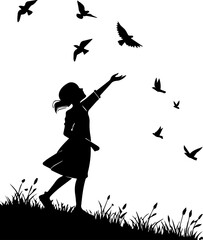 Silhouette of Girl Reaching Toward Flying Birds – Aspirational Childhood Scene in Black and White