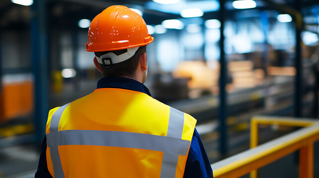Back view of an engineer in a hard hat and safety vest. Safety in production and design is important. Manufacturing and industrial concept. Work safety and workwear.