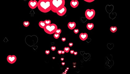 Dynamic animation features floating, red, heart-shaped icons with white interiors, overlaid upon transparent, dark backdrop. Transparent heart outlines appear