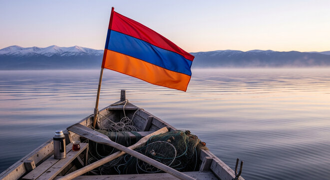 Armenian flag flying on a small wooden boat on a lake.
The national flag of Armenia (red, blue, and orange tricolor) is prominently displayed on the bow of a small, rustic wooden rowboat