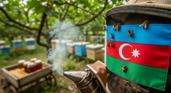 Beekeeper with Azerbaijan flag on veil at a blooming apiary.
A close-up view of a beekeeper in protective gear, focusing on the mesh veil which features a patch of the Azerbaijani national flag - Powered by Adobe