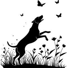 Silhouette of Dog Jumping in Grass with Butterflies – Playful Nature Scene in Black and White