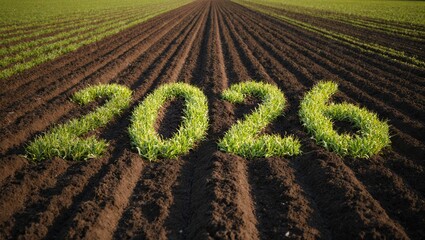 Early Spring Farmland Rows with Young Green Crops Outlining 2026 Across Freshly Plowed Soil Agriculture Landscape Background
