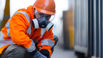 Safety-conscious worker in vibrant orange protective gear and a full-face respirator, ensuring personal safety. Professional and ready for job duties.