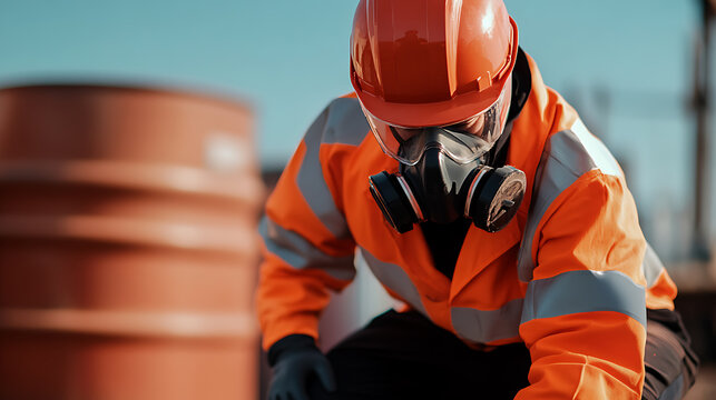 Worker in safety gear, orange hardhat and reflective jacket, kneeling beside a large barrel. He's wearing a full-face respirator for protection, highlighting workplace safety protocols.