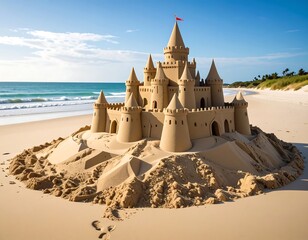 Elaborate sandcastle stands majestically on a sandy beach, topped with a red flag. Waves crash, blue sky above