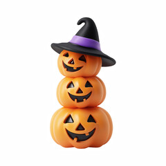 Stacked Halloween Pumpkins with Carved Faces and Witch Hat Isolated on Transparent Background