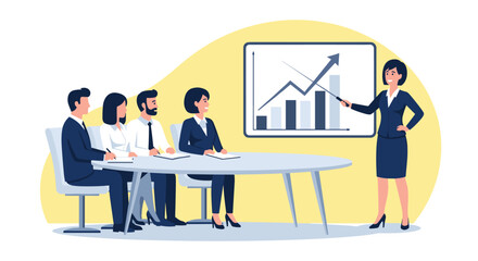 A diverse business team engages in a productive meeting, analyzing financial growth data presented on a screen by a confident female leader.