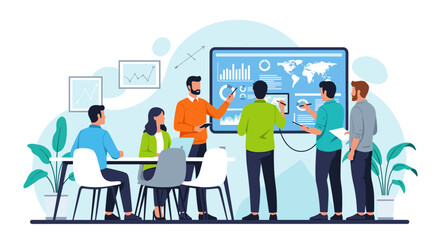 A diverse team collaborates in a modern office, analyzing data and discussing business strategy on a large digital screen.