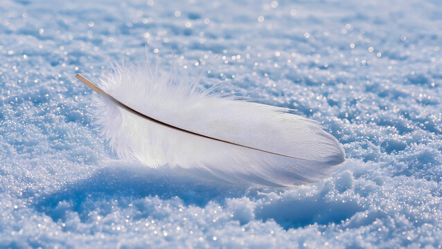 A close-up of a white down feather lying on sparkling snow. Winter scene.