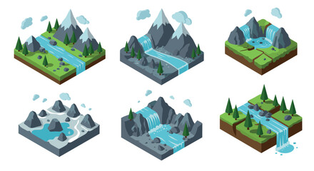 Isometric landscape set with waterfalls and mountains in various biomes