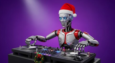 Festive robot DJ spins holiday tunes in a vibrant studio, spreading Christmas cheer and modern beats