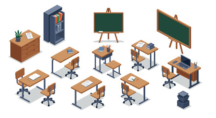 Isometric classroom setup with desks, chairs, and chalkboards on white background