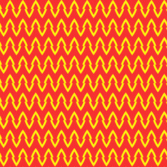 Vibrant red background with repeating yellow zigzag motifs creates a bold, energetic texture ideal for backgrounds, branding, textiles, and graphic design projects.