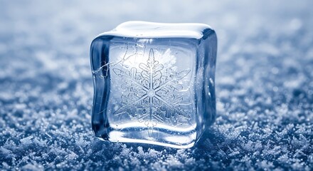 Stunning ice cube with intricate snowflake frozen inside on frosty surface
