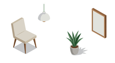 Modern isometric interior design with chair, plant, and lamp