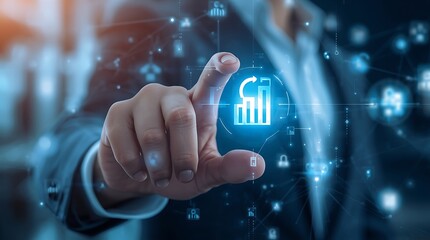 Hand interacting with a digital globe, surrounded by glowing lines and network patterns, suggesting global connectivity and technology.