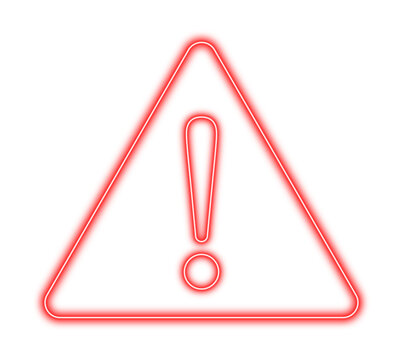 A danger sign. A red neon exclamation mark warning icon, used in web design. Illustration, on a transparent background.